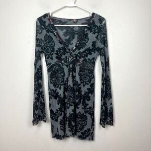 Mesh Sheer Tattoo Mini Dress Size XS Long‎ Sleeve Y2K Stretch Witchy Tunic Top